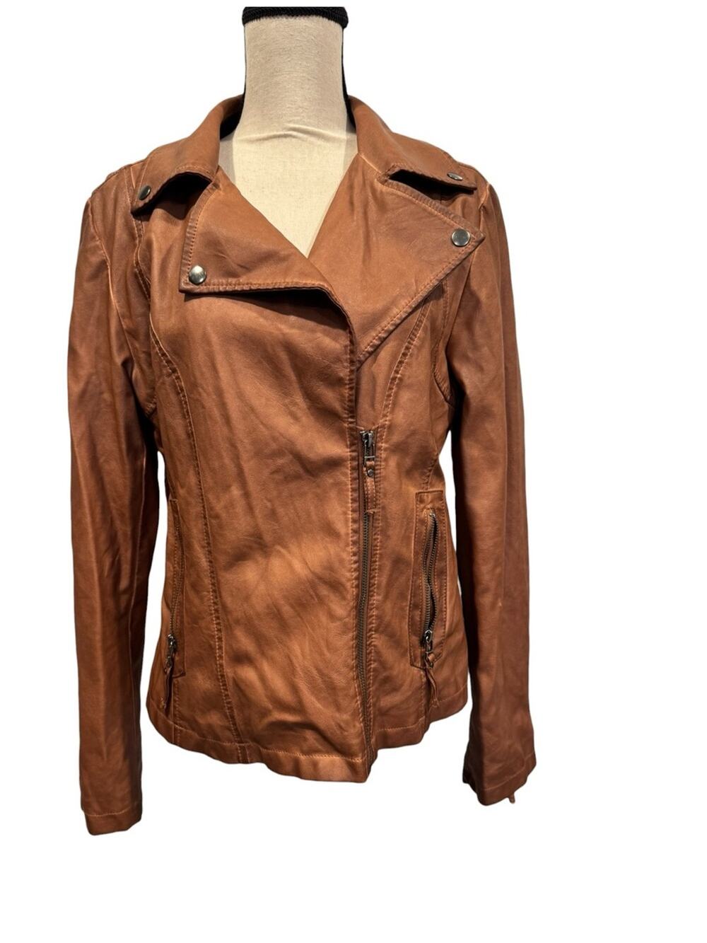 Max Studio Cognac Brown Moto Faux Leather Jacket Large